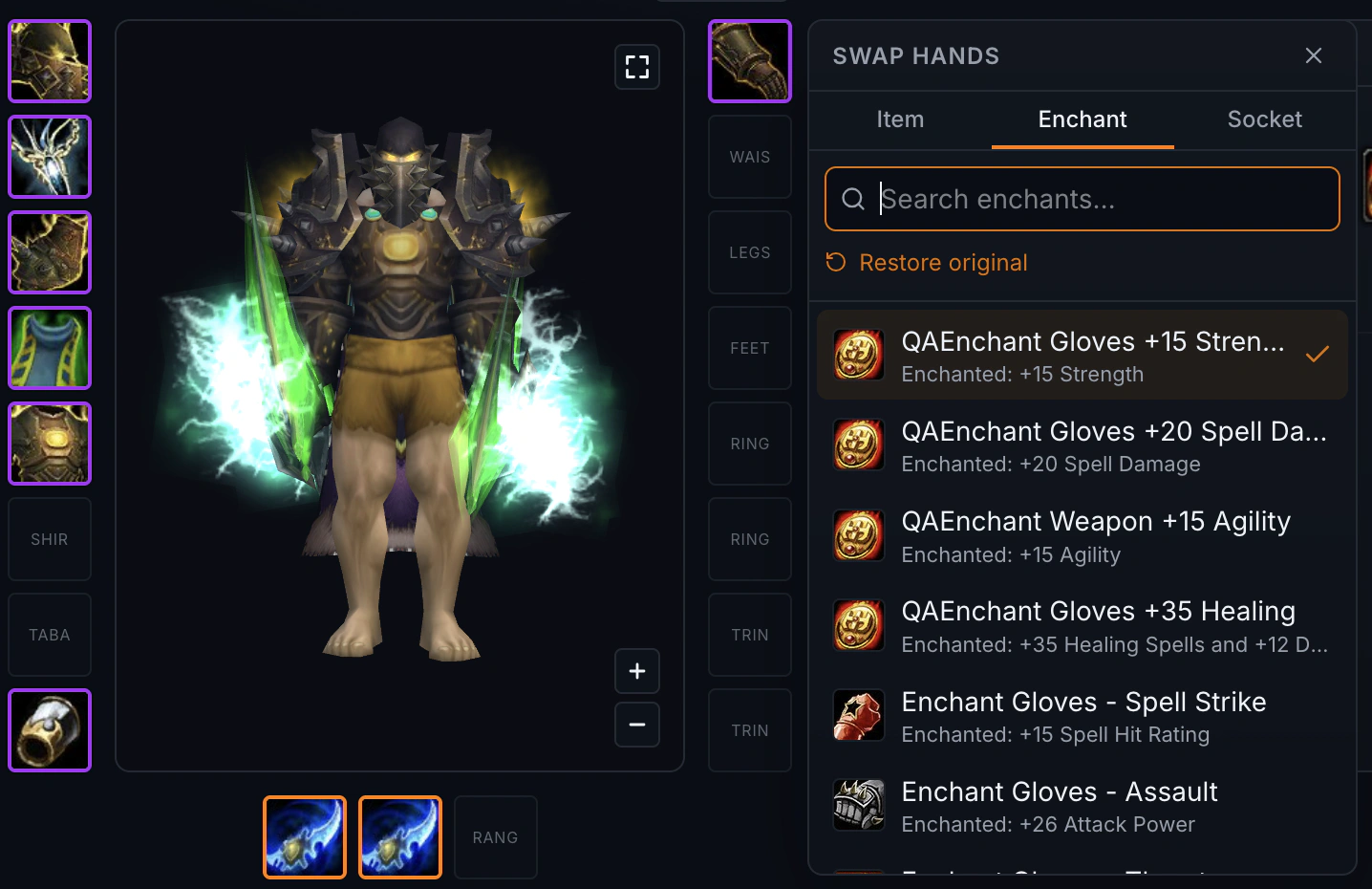 Adding a glove enchant in the TBC Gear Planner's enchant tab