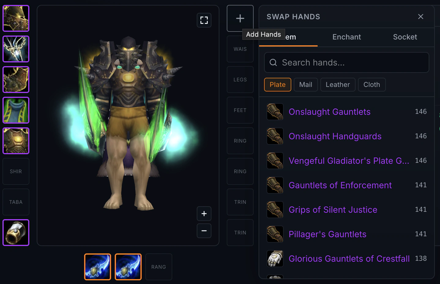 Choosing a new pair of gloves in the TBC Gear Planner's item tab