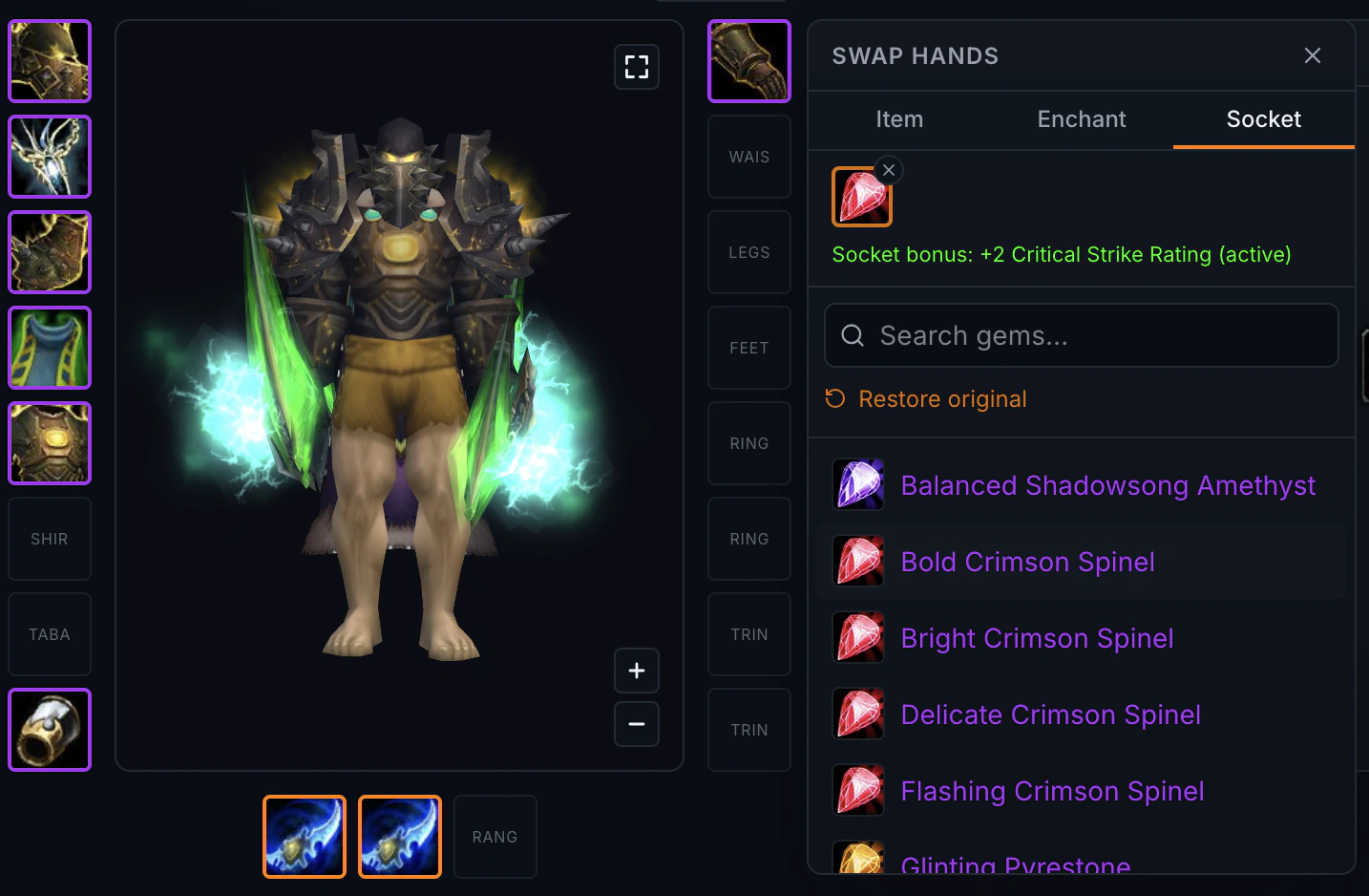 Socketing a gem and activating the socket bonus in the TBC Gear Planner