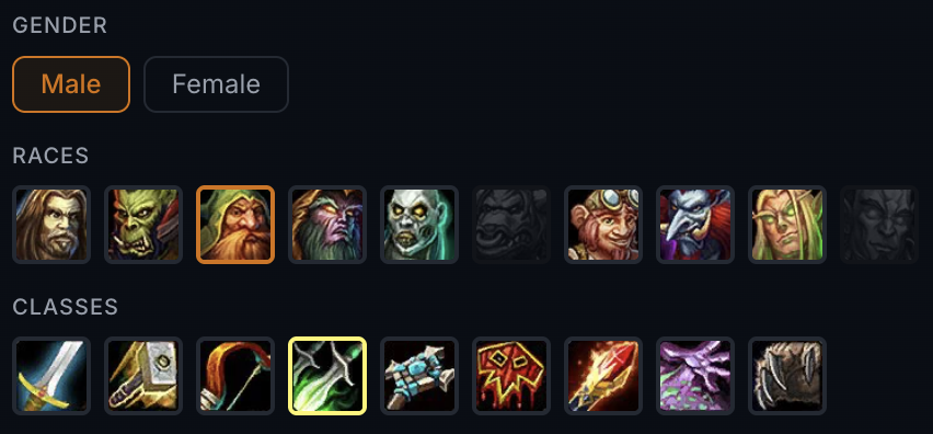 Selecting gender, race and class in the TBC Gear Planner